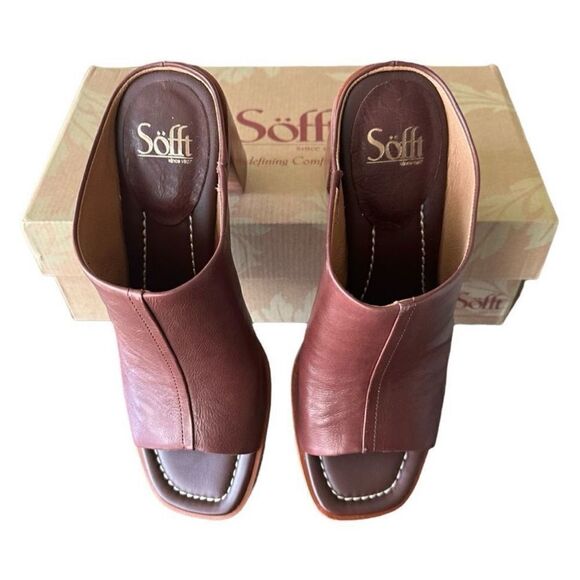 Sofft Safire Dark Red Italian Leather Open Toe Women’s Block Heel Mule Clogs 10 - Picture 2 of 10